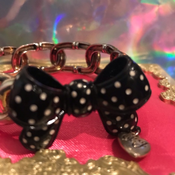Black polka dot bow stretch bracelet Betsey Johnson vintage pinup dollbaby girl